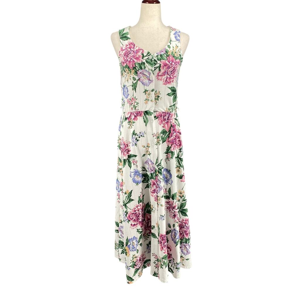 Vtg Bohemian Romantic Floral Coquette Button Down Midi Dress‎ 8 White Pink